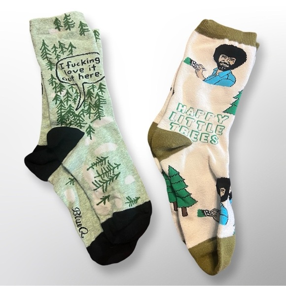 Blue Q Accessories - Funny Tree & Bob Ross “Happy Little Trees” Socks Bundle - Size Small